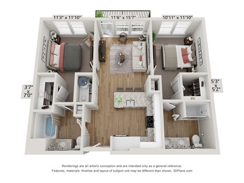 Floor plan for 2 beds, 2 baths, 917 sqft